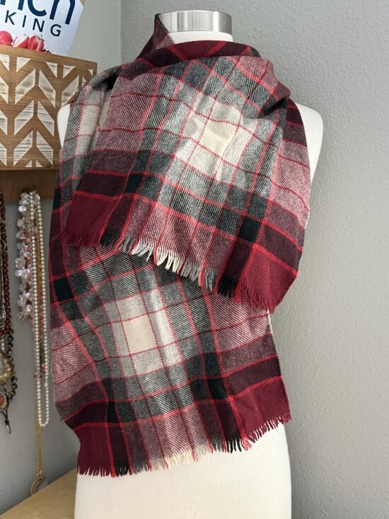 Vintage Cisco Cashmere Wool Red Black Tartan Plaid Scarf Unisex 48"x 12.5"